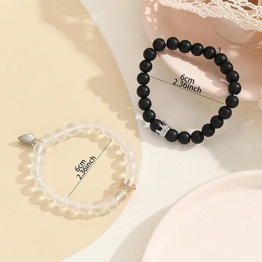 2pcs Handmade Crown Beaded Couple Bracelet – Luminous Glow Heart Charm