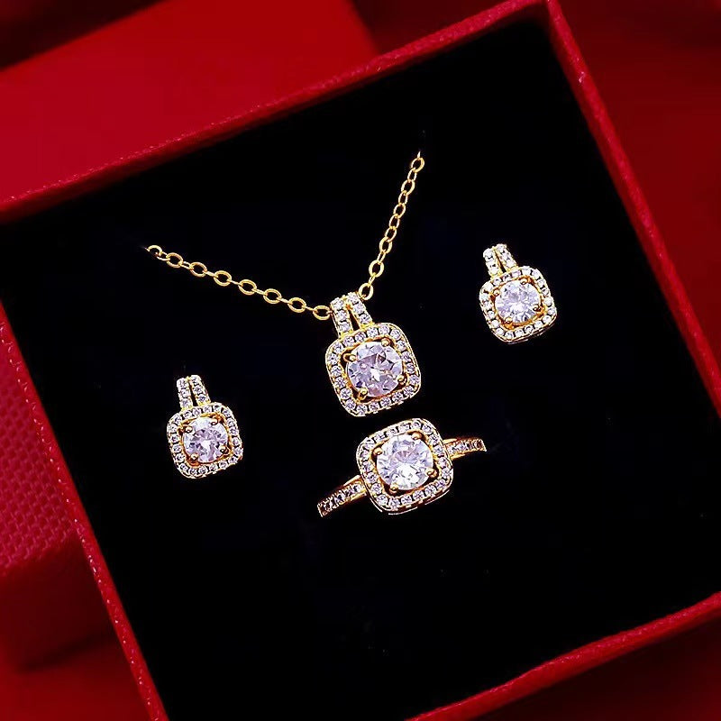 icon Gem Jewelry Set – Gold Choker Necklace, Stud Earrings & Statement Wedding Ring for Women