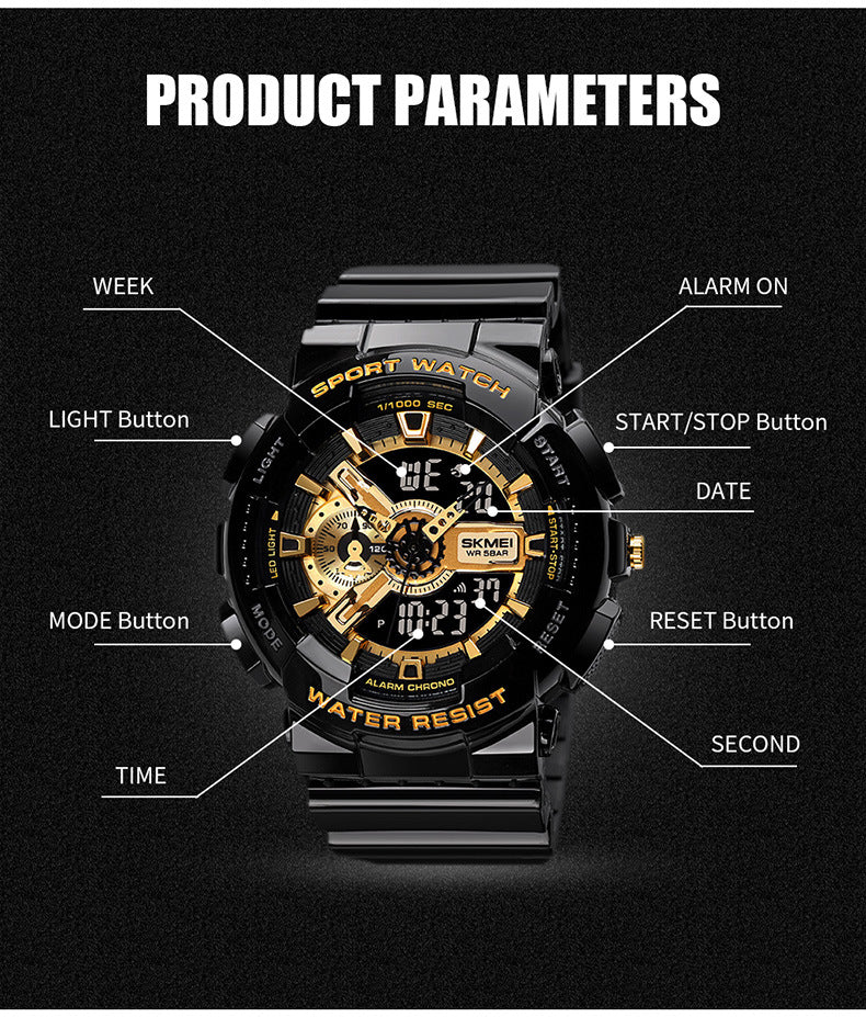 Classic Black Gold Sports Electronic Watch – Double Display Watch for Teenagers Boys & Girls