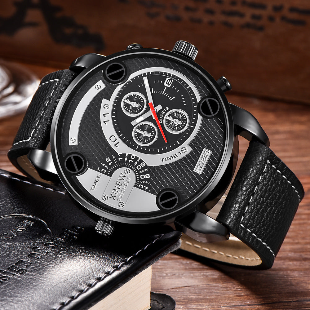 Men's Big Face Fashion Leather Date Watch – Bold Gift Wristwatch