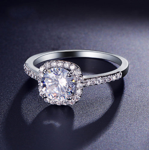 Women's Luxury Square Cubic Zirconia Engagement Ring – Silver Elegant Wedding Band