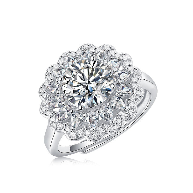 S925 Silver Moissanite Flower Ring – Trendy Adjustable Women's Ring
