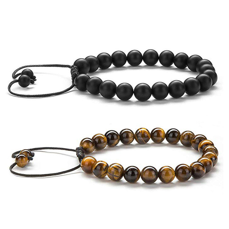 Tiger Eye & Matte Black Agate Couple Bracelets – Natural Stone Beaded Set