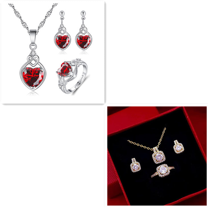 icon Gem Jewelry Set – Gold Choker Necklace, Stud Earrings & Statement Wedding Ring for Women