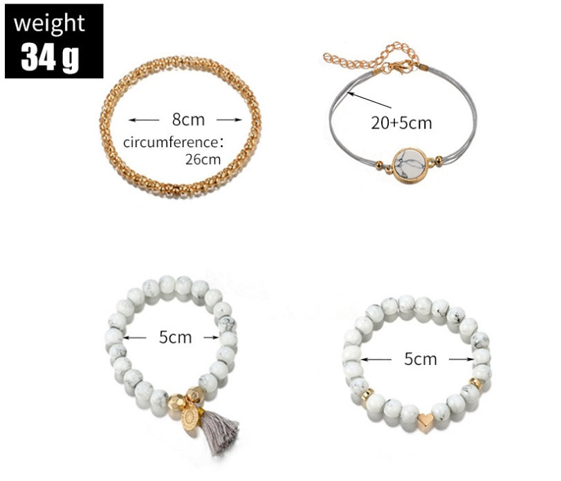 Geometric Hollow Fringed Pine Stone Bracelet – 4-Piece Boho Set for Women