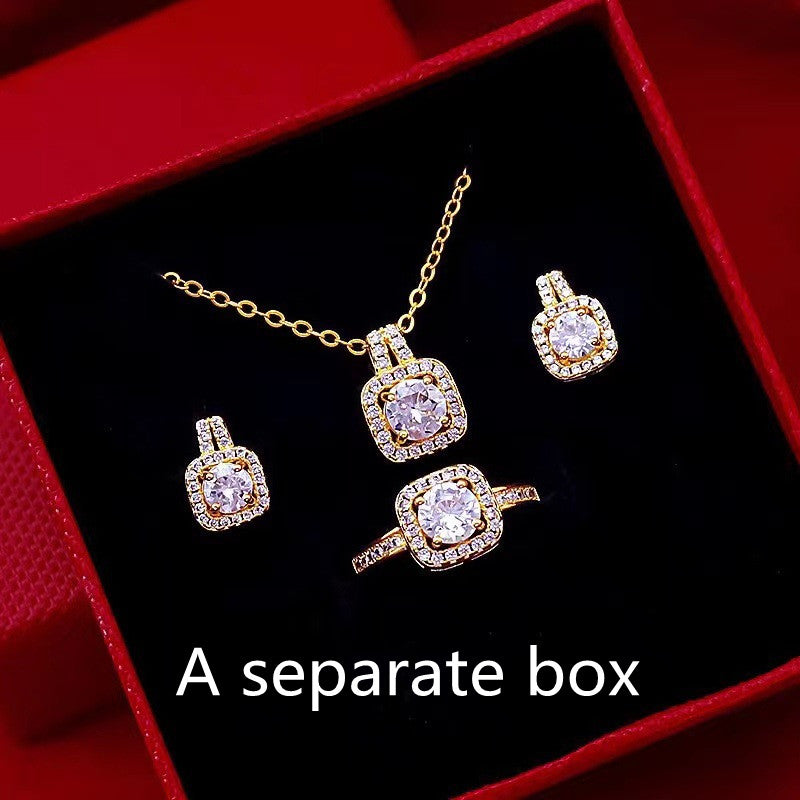 icon Gem Jewelry Set – Gold Choker Necklace, Stud Earrings & Statement Wedding Ring for Women