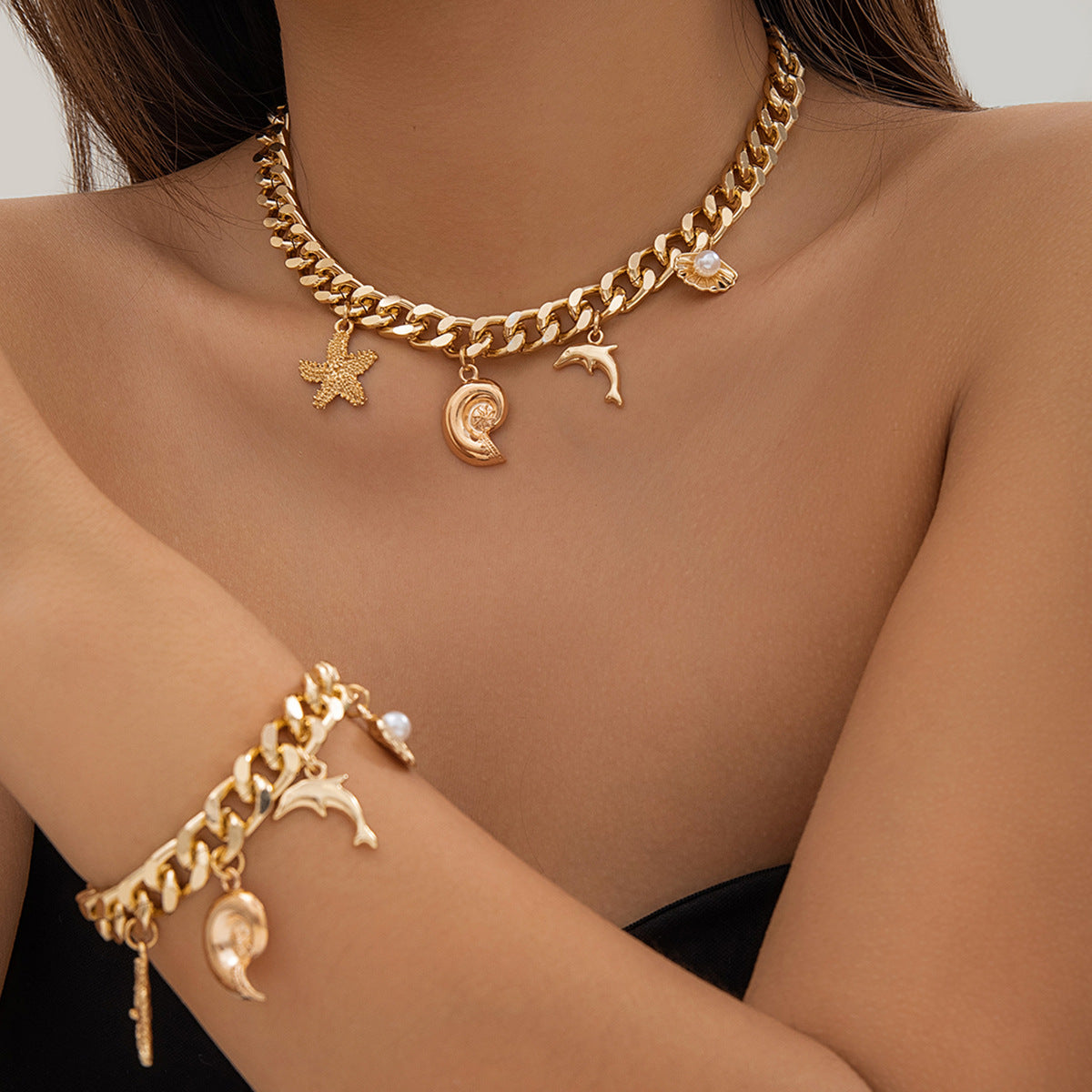 Boho Conch Dolphin Starfish Choker Necklace & Bracelet Set – Vintage Tassel Grunge Jewelry