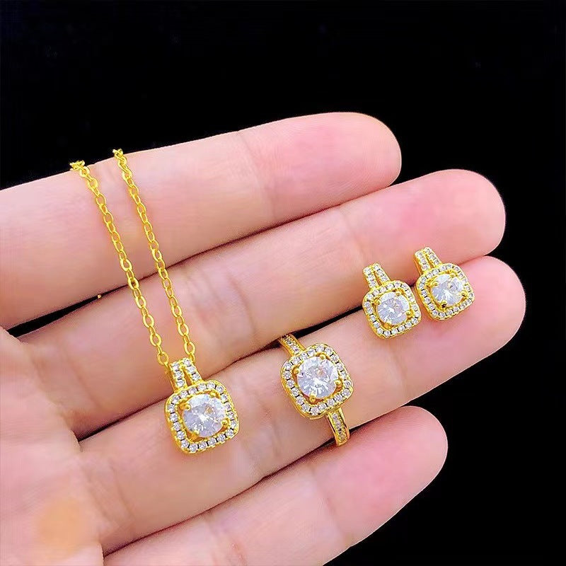 icon Gem Jewelry Set – Gold Choker Necklace, Stud Earrings & Statement Wedding Ring for Women