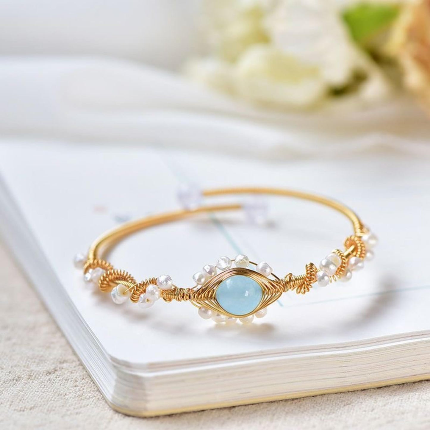 Gold Plated Pearl Cuff Bracelet – Vintage Wire Braided Design