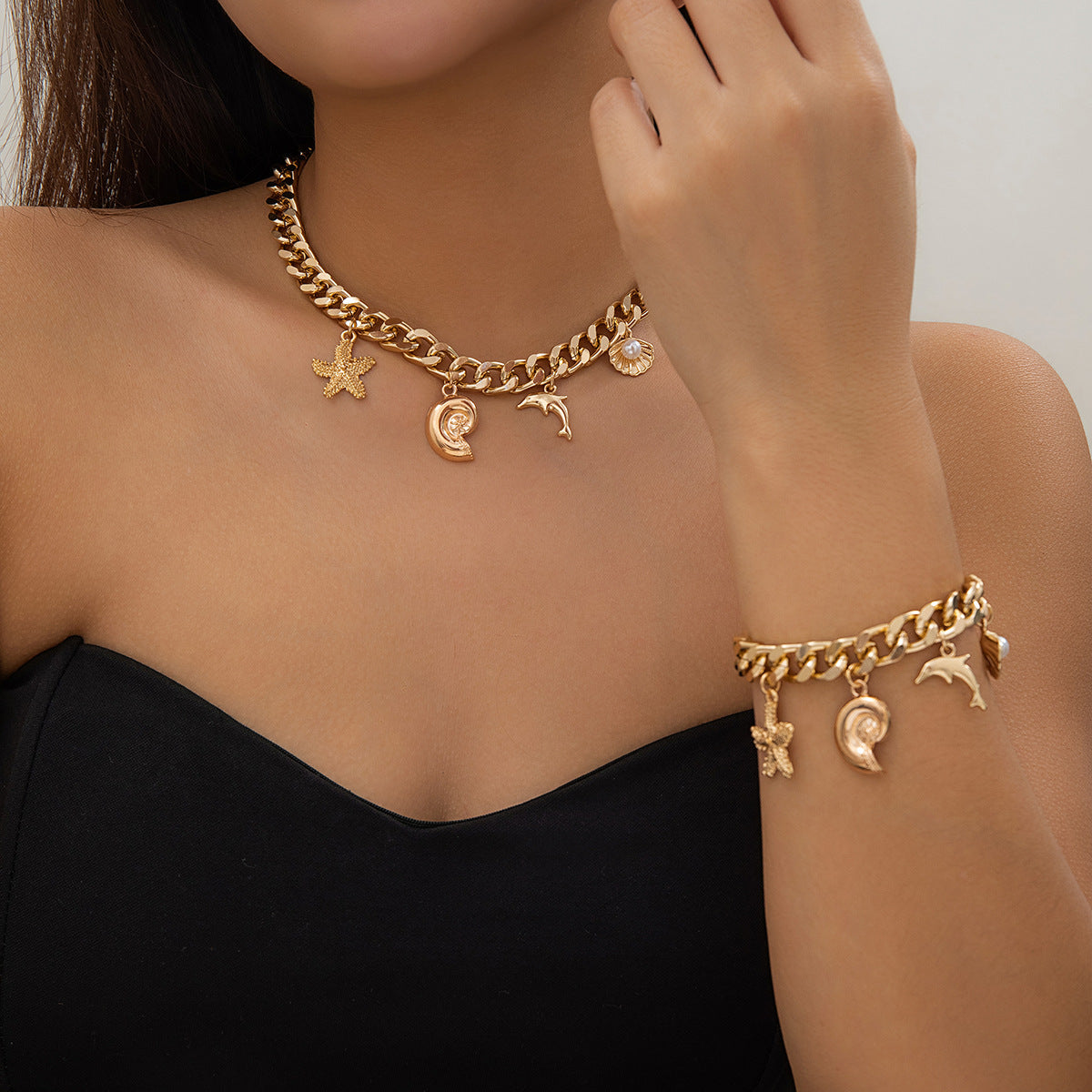Boho Conch Dolphin Starfish Choker Necklace & Bracelet Set – Vintage Tassel Grunge Jewelry