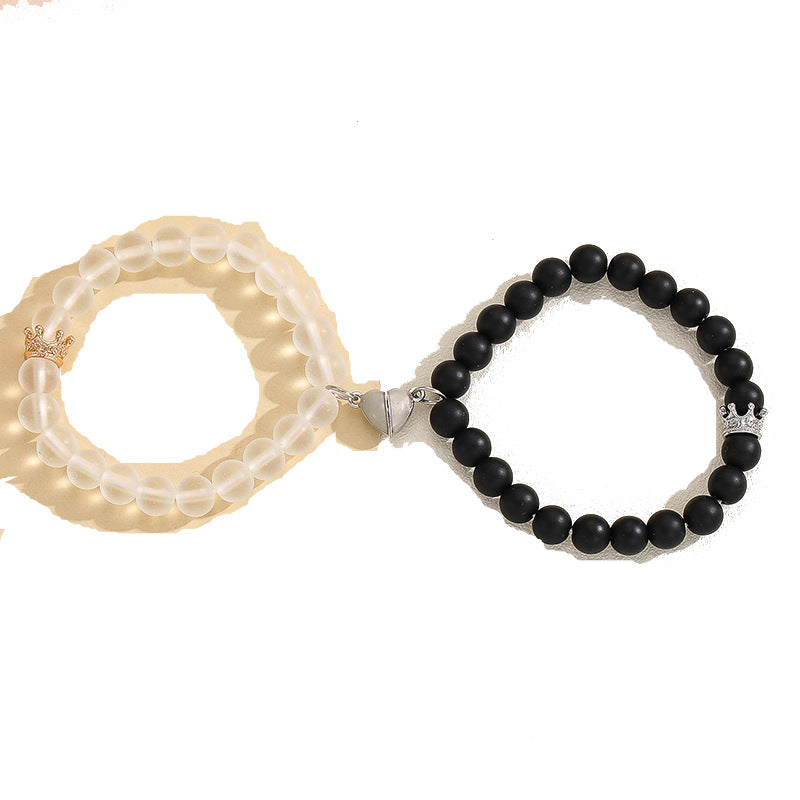 2pcs Handmade Crown Beaded Couple Bracelet – Luminous Glow Heart Charm