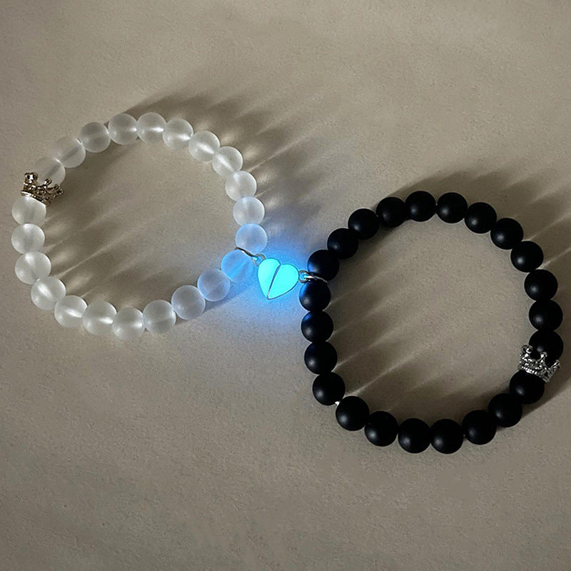 2pcs Handmade Crown Beaded Couple Bracelet – Luminous Glow Heart Charm