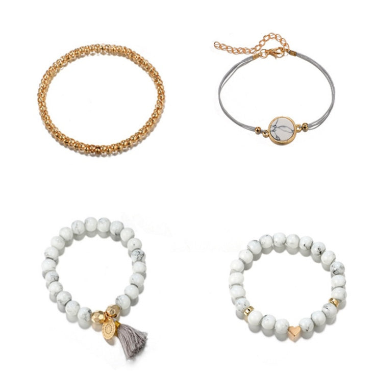 Geometric Hollow Fringed Pine Stone Bracelet – 4-Piece Boho Set for Women