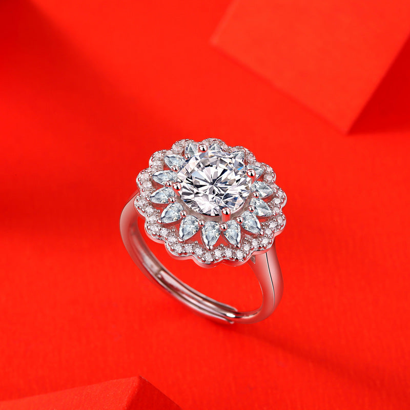 S925 Silver Moissanite Flower Ring – Trendy Adjustable Women's Ring