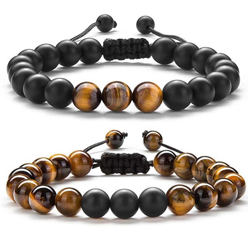 Tiger Eye & Matte Black Agate Couple Bracelets – Natural Stone Beaded Set