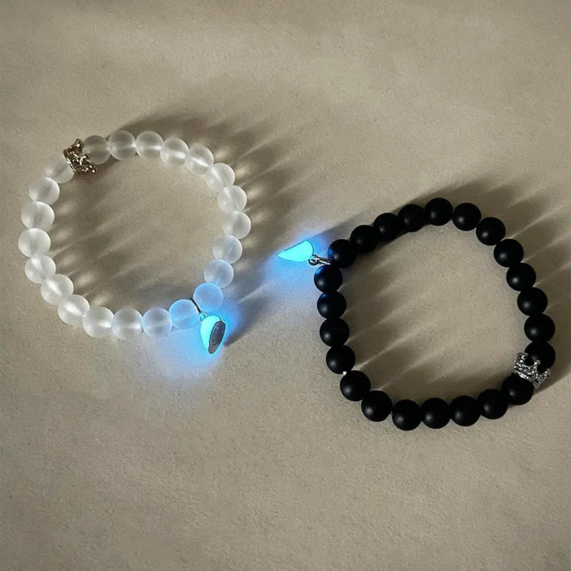 2pcs Handmade Crown Beaded Couple Bracelet – Luminous Glow Heart Charm