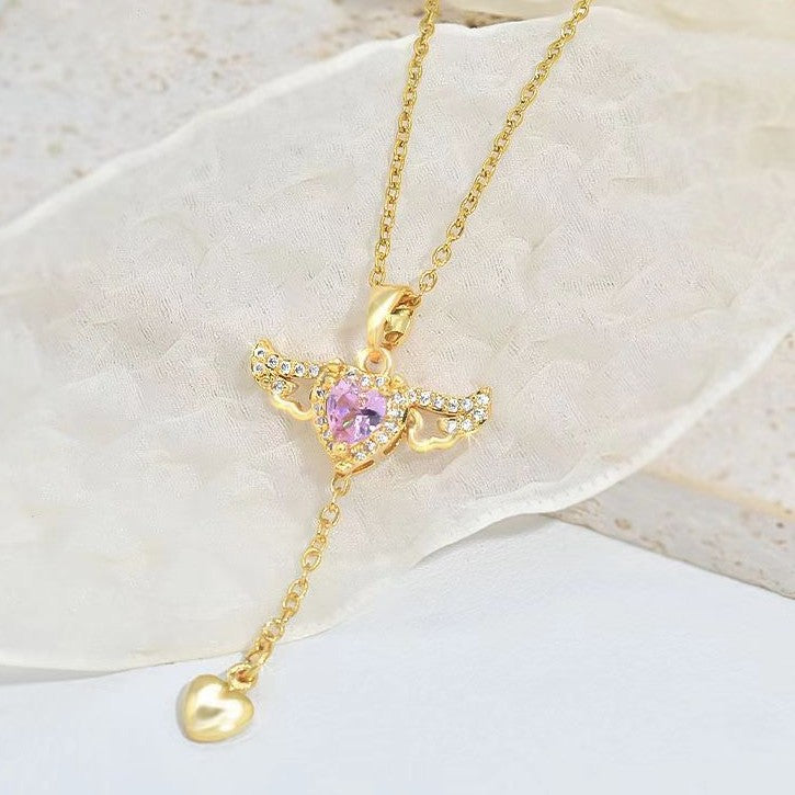 Cupid Heart Angel Wings Tassel Necklace – Crystal Clavicle Chain Gift for Women