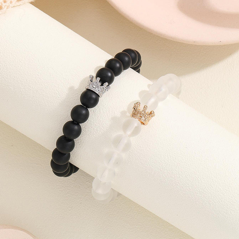 2pcs Handmade Crown Beaded Couple Bracelet – Luminous Glow Heart Charm