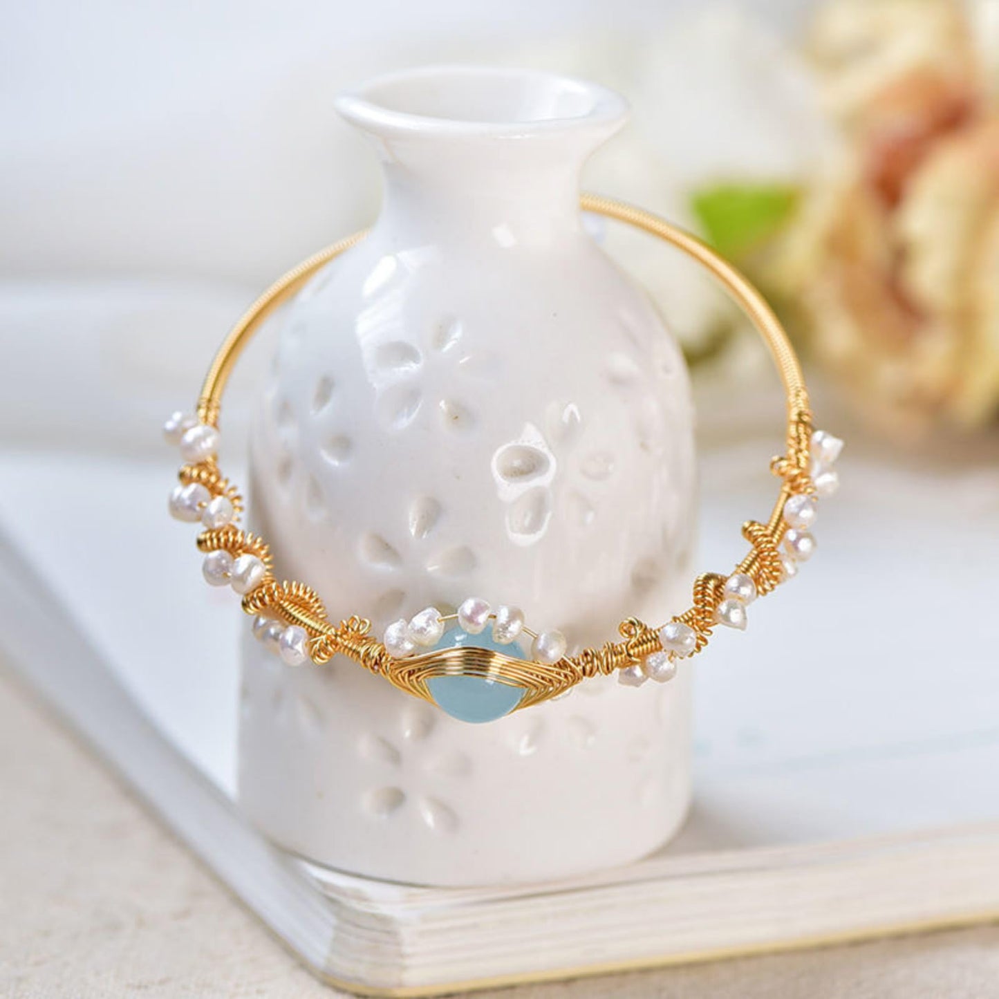 Gold Plated Pearl Cuff Bracelet – Vintage Wire Braided Design