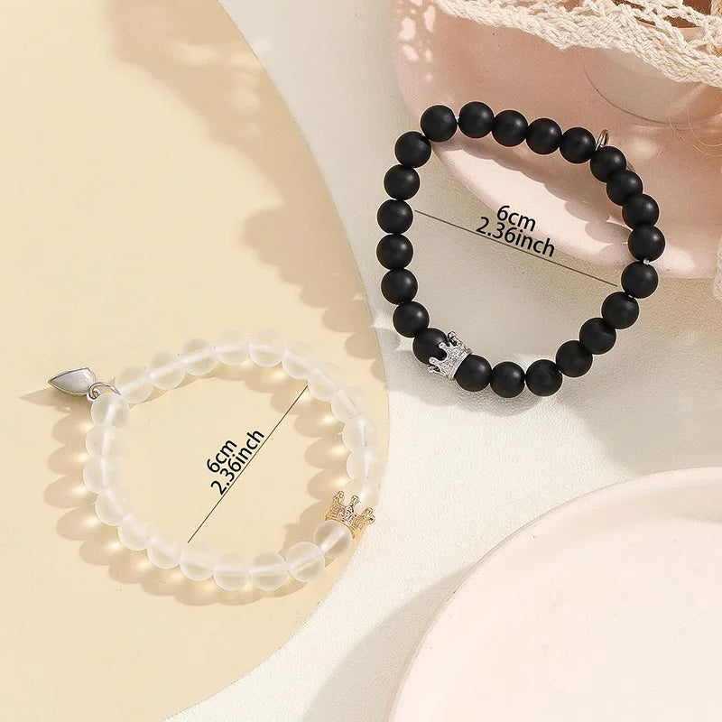 2pcs Handmade Crown Beaded Couple Bracelet – Luminous Glow Heart Charm