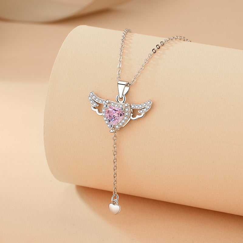 Cupid Heart Angel Wings Tassel Necklace – Crystal Clavicle Chain Gift for Women