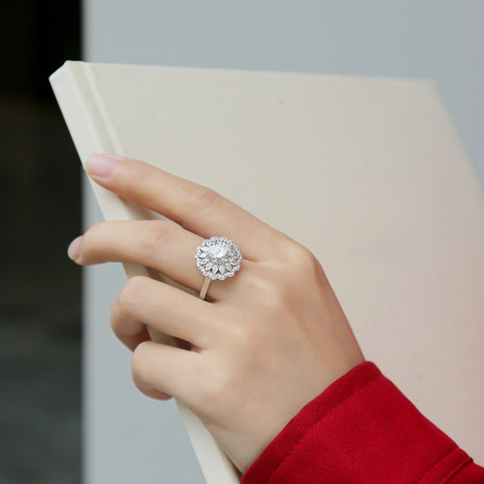 S925 Silver Moissanite Flower Ring – Trendy Adjustable Women's Ring