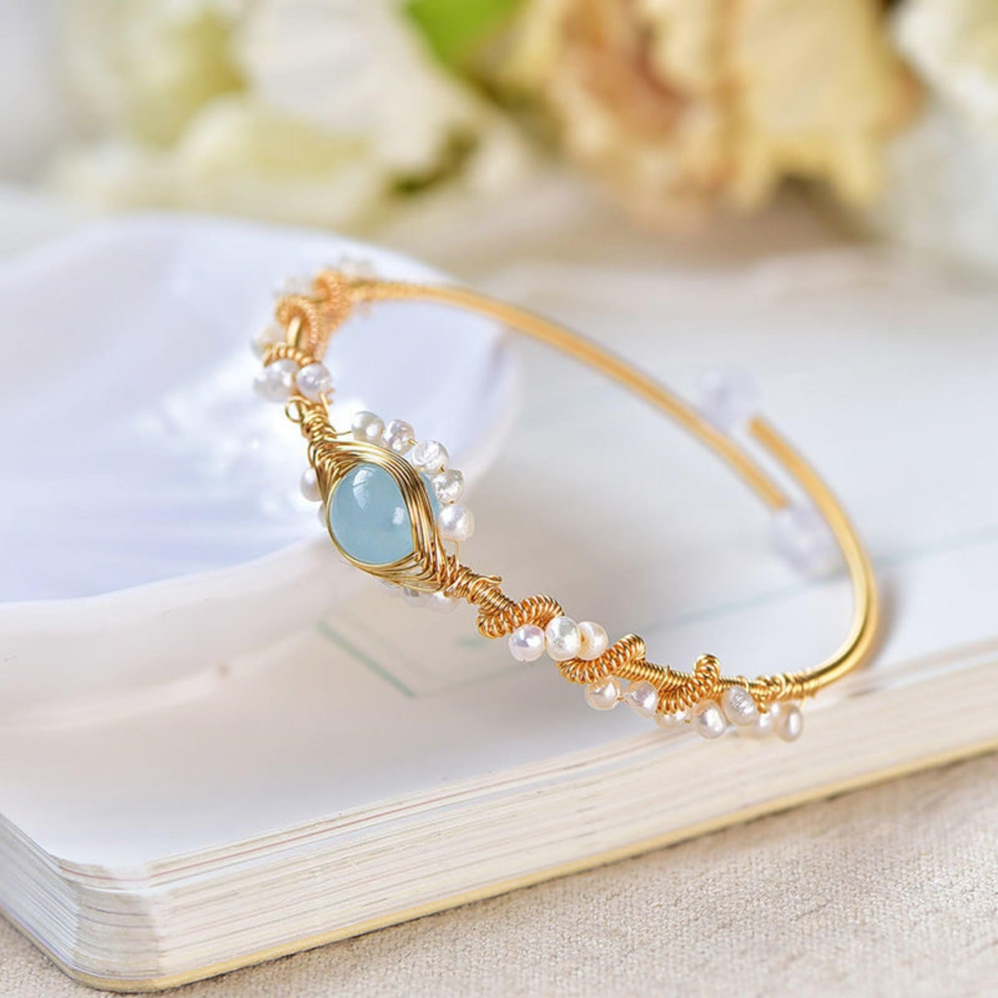 Gold Plated Pearl Cuff Bracelet – Vintage Wire Braided Design