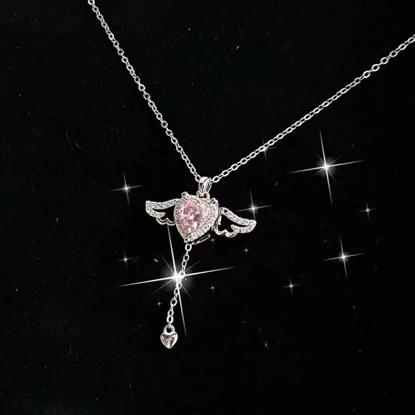 Cupid Heart Angel Wings Tassel Necklace – Crystal Clavicle Chain Gift for Women