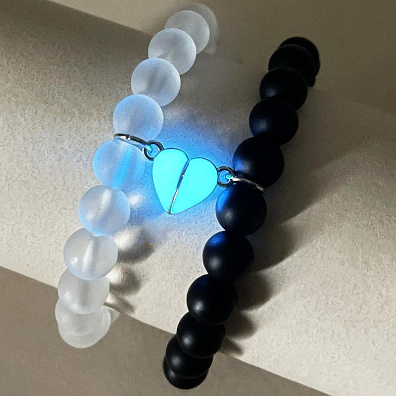 2pcs Handmade Crown Beaded Couple Bracelet – Luminous Glow Heart Charm