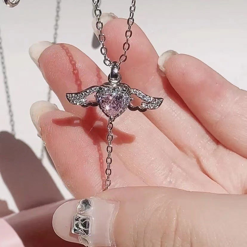 Cupid Heart Angel Wings Tassel Necklace – Crystal Clavicle Chain Gift for Women
