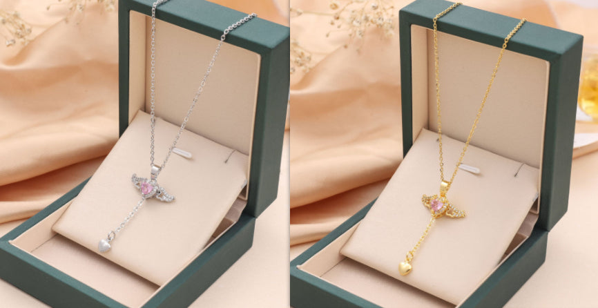 Cupid Heart Angel Wings Tassel Necklace – Crystal Clavicle Chain Gift for Women