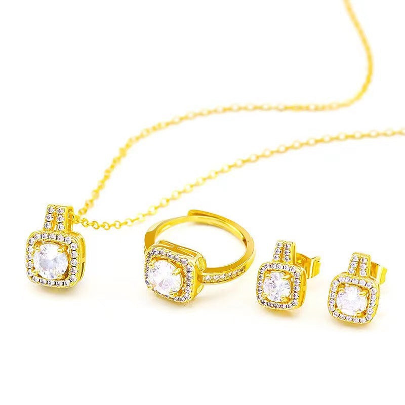 icon Gem Jewelry Set – Gold Choker Necklace, Stud Earrings & Statement Wedding Ring for Women