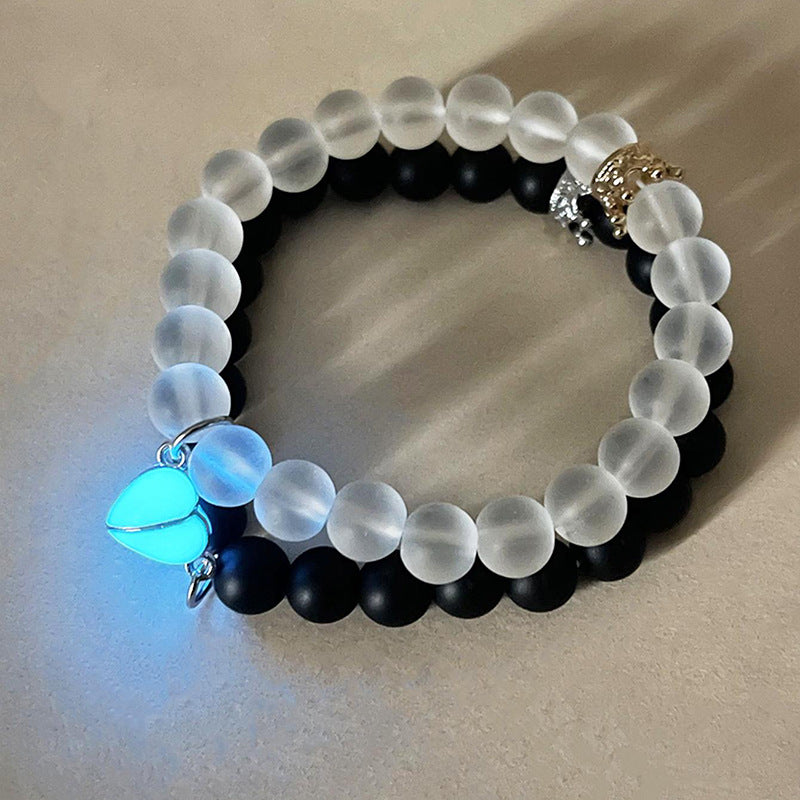 2pcs Handmade Crown Beaded Couple Bracelet – Luminous Glow Heart Charm