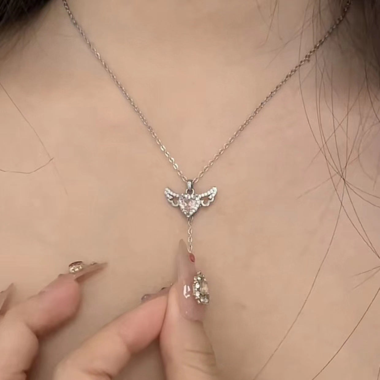 Cupid Heart Angel Wings Tassel Necklace – Crystal Clavicle Chain Gift for Women