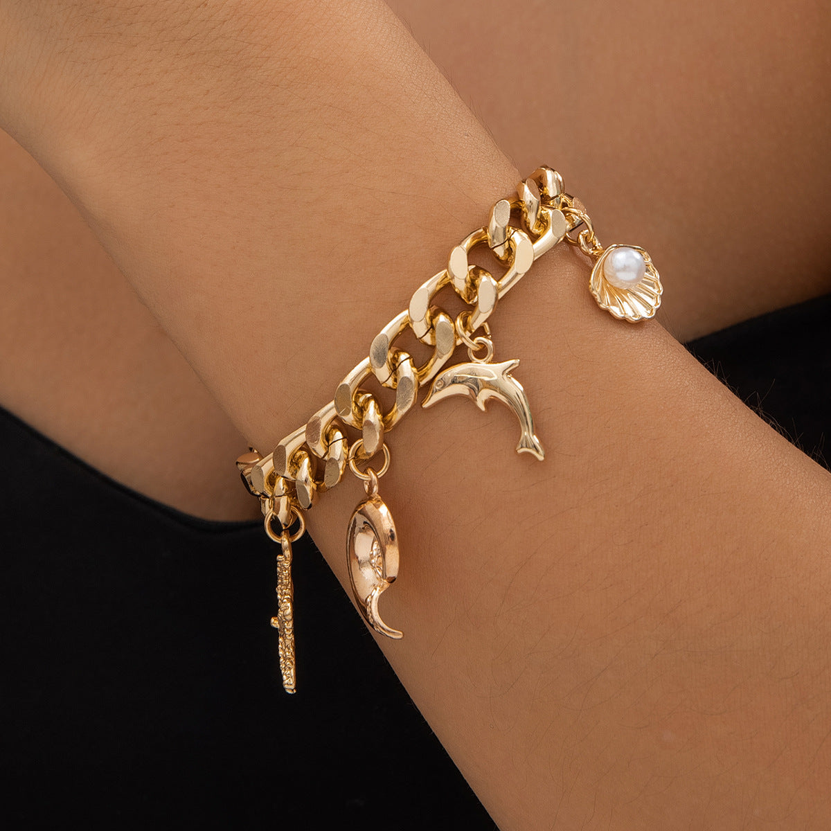 Boho Conch Dolphin Starfish Choker Necklace & Bracelet Set – Vintage Tassel Grunge Jewelry