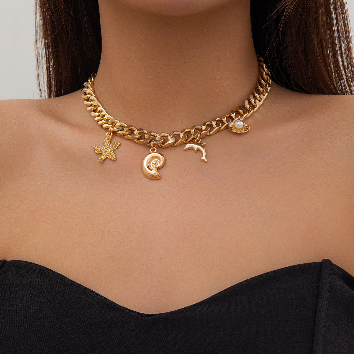 Boho Conch Dolphin Starfish Choker Necklace & Bracelet Set – Vintage Tassel Grunge Jewelry