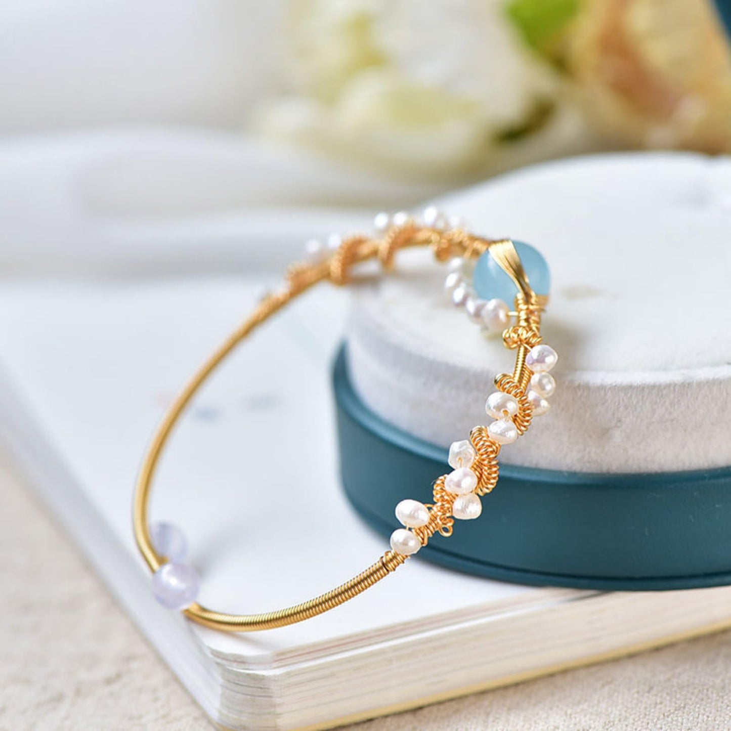 Gold Plated Pearl Cuff Bracelet – Vintage Wire Braided Design