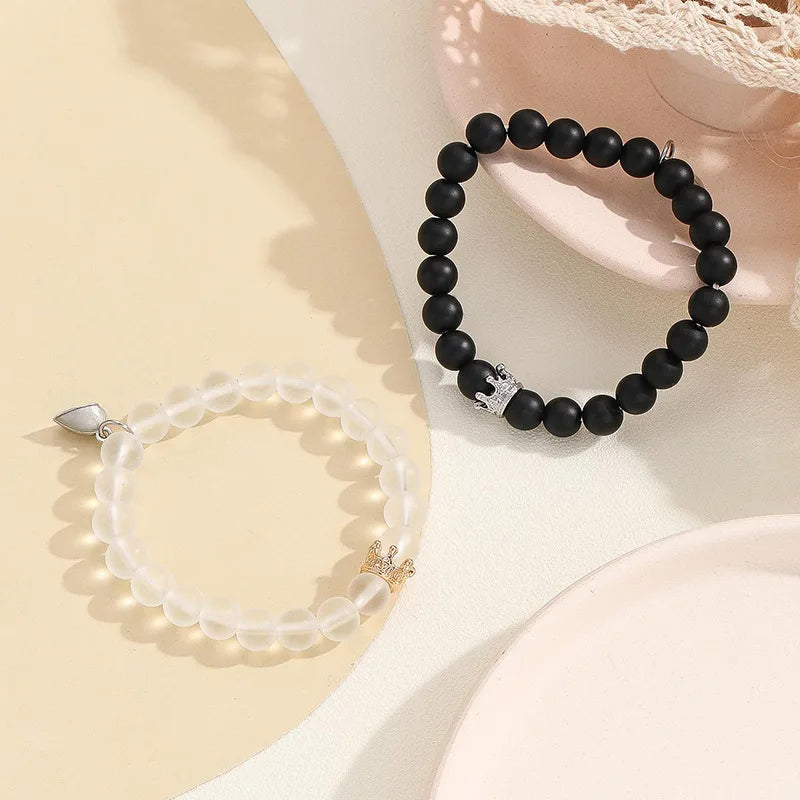 2pcs Handmade Crown Beaded Couple Bracelet – Luminous Glow Heart Charm
