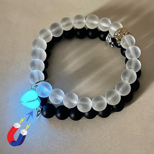 2pcs Handmade Crown Beaded Couple Bracelet – Luminous Glow Heart Charm