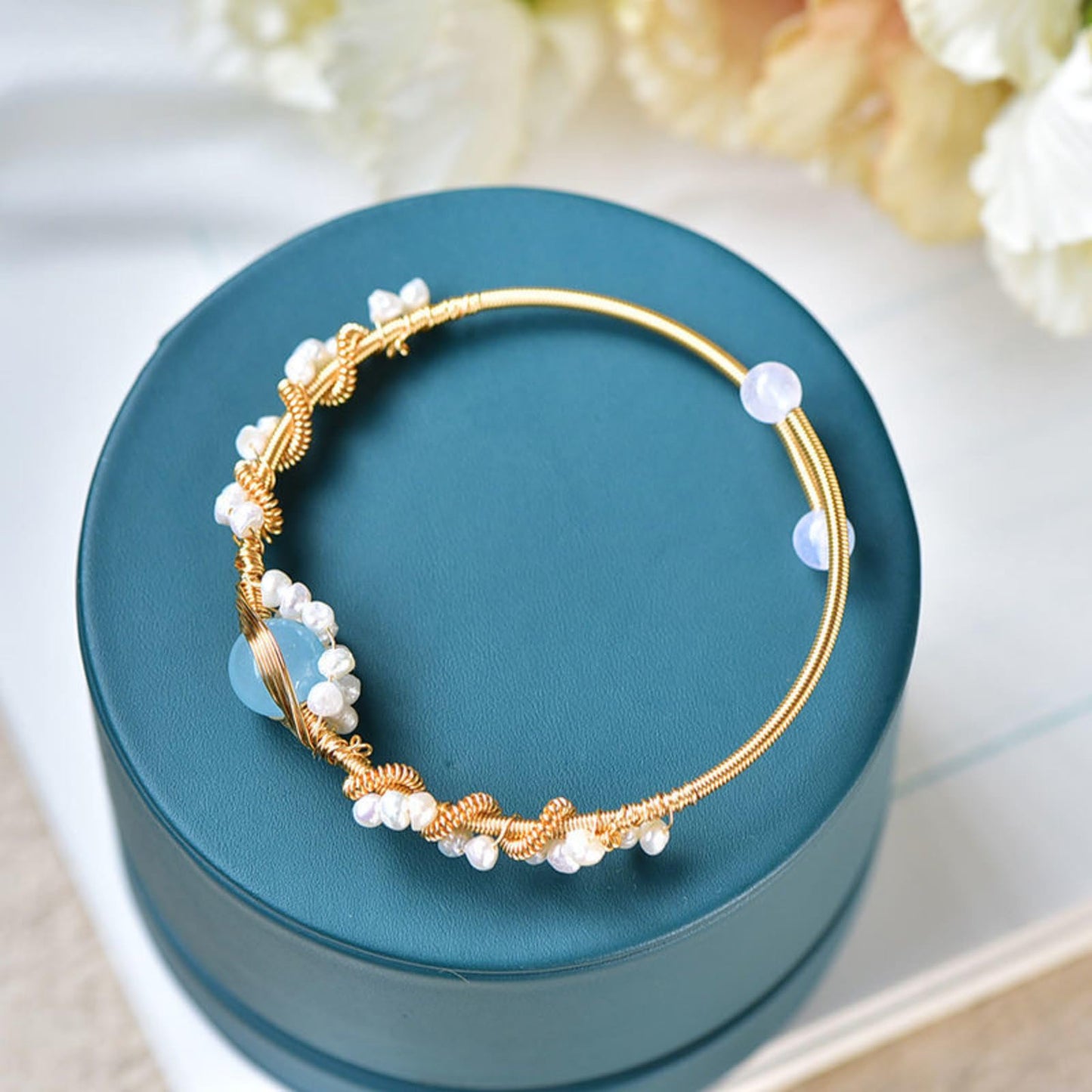 Gold Plated Pearl Cuff Bracelet – Vintage Wire Braided Design