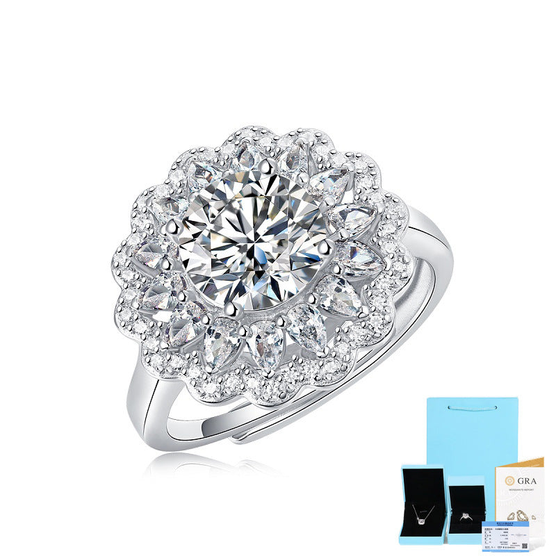 S925 Silver Moissanite Flower Ring – Trendy Adjustable Women's Ring