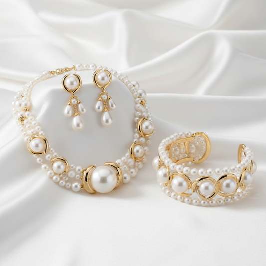 Pearl Accented Evening Jewelry Set with necklace, earrings and bracelet